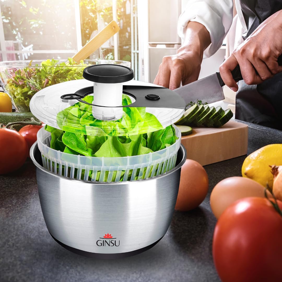 Pump Salad Spinner with Stainless Steel Bowl 6L Large Capacity Manual Spinner, Durable BPA-Free Design for Fast Drying Lettuce, Vegetables & Fruits