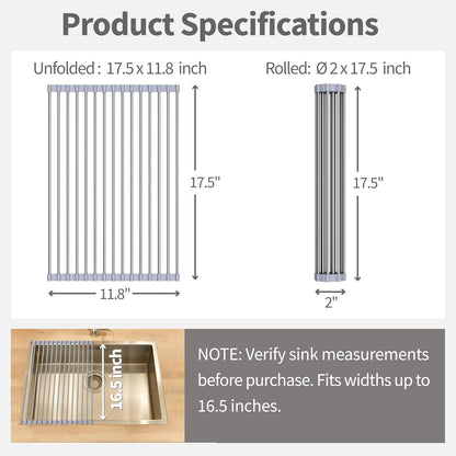 Roll Up Dish Drying Rack for Over Sink - 17.5"x15.7" Foldable Stainless Steel Kitchen Drainer, Black