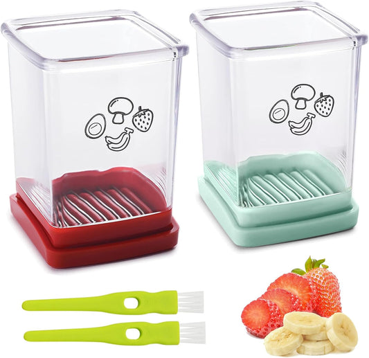 2 Pcs Cup Slicer, Stainless Steel Strawberry & Banana Slicer, Speed Fruit Cutter with Push Plate, Quickly Making Salad, Must Have Kitchen Gadget (Cyan+Red)