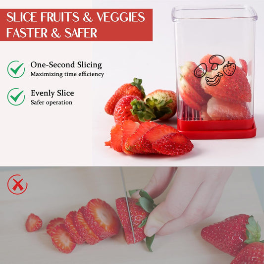 2 Pcs Cup Slicer, Stainless Steel Strawberry & Banana Slicer, Speed Fruit Cutter with Push Plate, Quickly Making Salad, Must Have Kitchen Gadget (Cyan+Red)