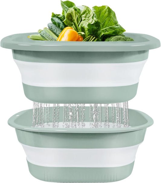 Collapsible Colander and Sink Basin Set - 2 in 1 Collapsible Colander Strainer with Collapsible Wash Basin for Kitchen, RV Camping, Foldable Fruit Vegetable Washing Basket, 4 QT, Blue
