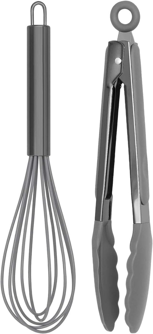 Stainless Steel Silicone Tipped Kitchen Food BBQ and Cooking Tongs for Non Stick Cookware, BPA Fee, Stylish, Sturdy, Locking, Grill Tongs, Gunmetal, Tong and Whisk Set, Gray