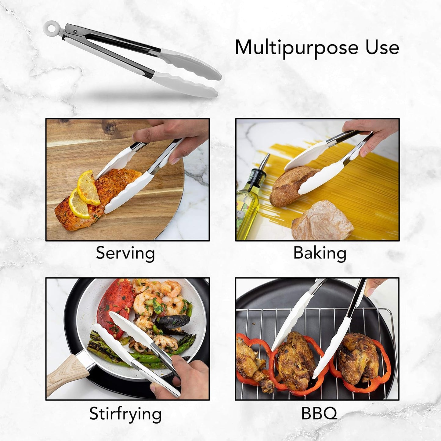 Stainless Steel Silicone Tipped Kitchen Food BBQ and Cooking Tongs for Non Stick Cookware, BPA Fee, Stylish, Sturdy, Locking, Grill Tongs, Gunmetal, Tong and Whisk Set, Gray