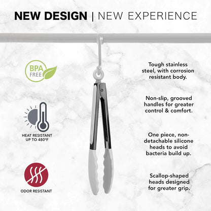 Stainless Steel Silicone Tipped Kitchen Food BBQ and Cooking Tongs for Non Stick Cookware, BPA Fee, Stylish, Sturdy, Locking, Grill Tongs, Gunmetal, Tong and Whisk Set, Gray
