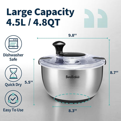 Stainless Steel Salad Spinner, 4.8 Qt Vegetable Fruit Washer, BPA-Free Lettuce Dryer with Crank Design, Easy Clean, Non-Slip Base - Transparent Lid