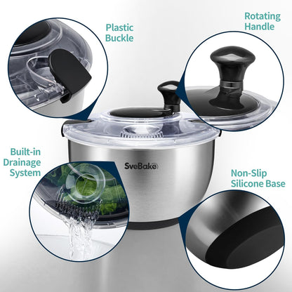 Stainless Steel Salad Spinner, 4.8 Qt Vegetable Fruit Washer, BPA-Free Lettuce Dryer with Crank Design, Easy Clean, Non-Slip Base - Transparent Lid