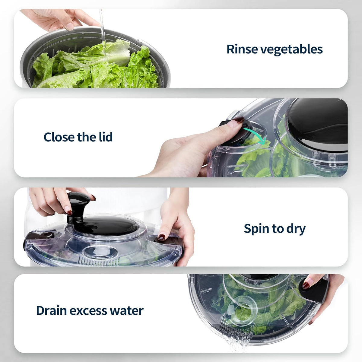 Stainless Steel Salad Spinner, 4.8 Qt Vegetable Fruit Washer, BPA-Free Lettuce Dryer with Crank Design, Easy Clean, Non-Slip Base - Transparent Lid