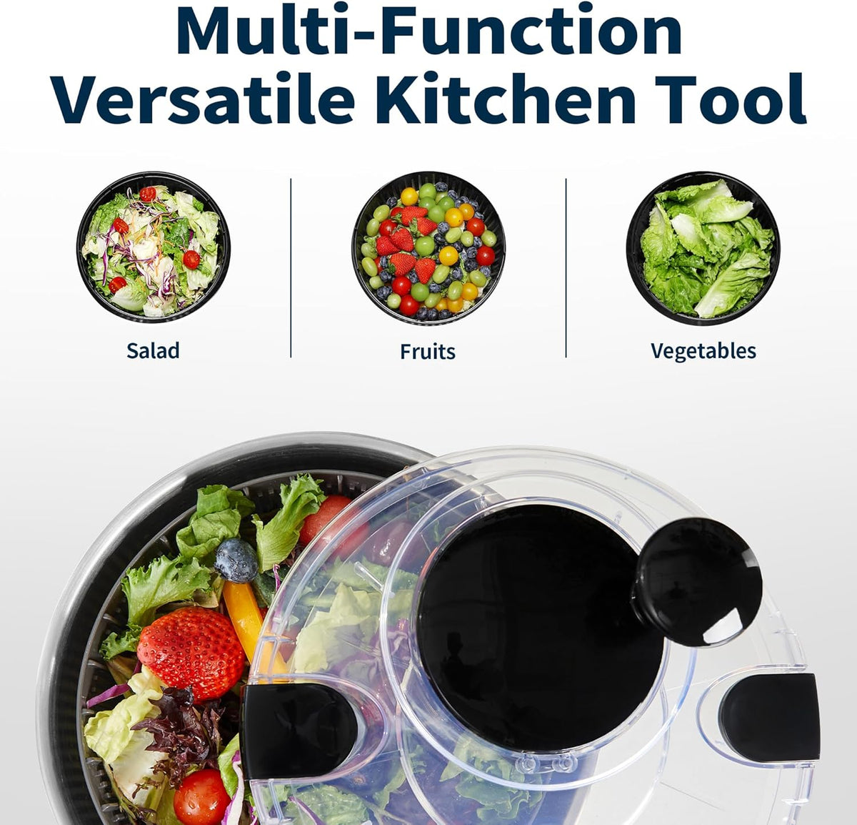 Stainless Steel Salad Spinner, 4.8 Qt Vegetable Fruit Washer, BPA-Free Lettuce Dryer with Crank Design, Easy Clean, Non-Slip Base - Transparent Lid
