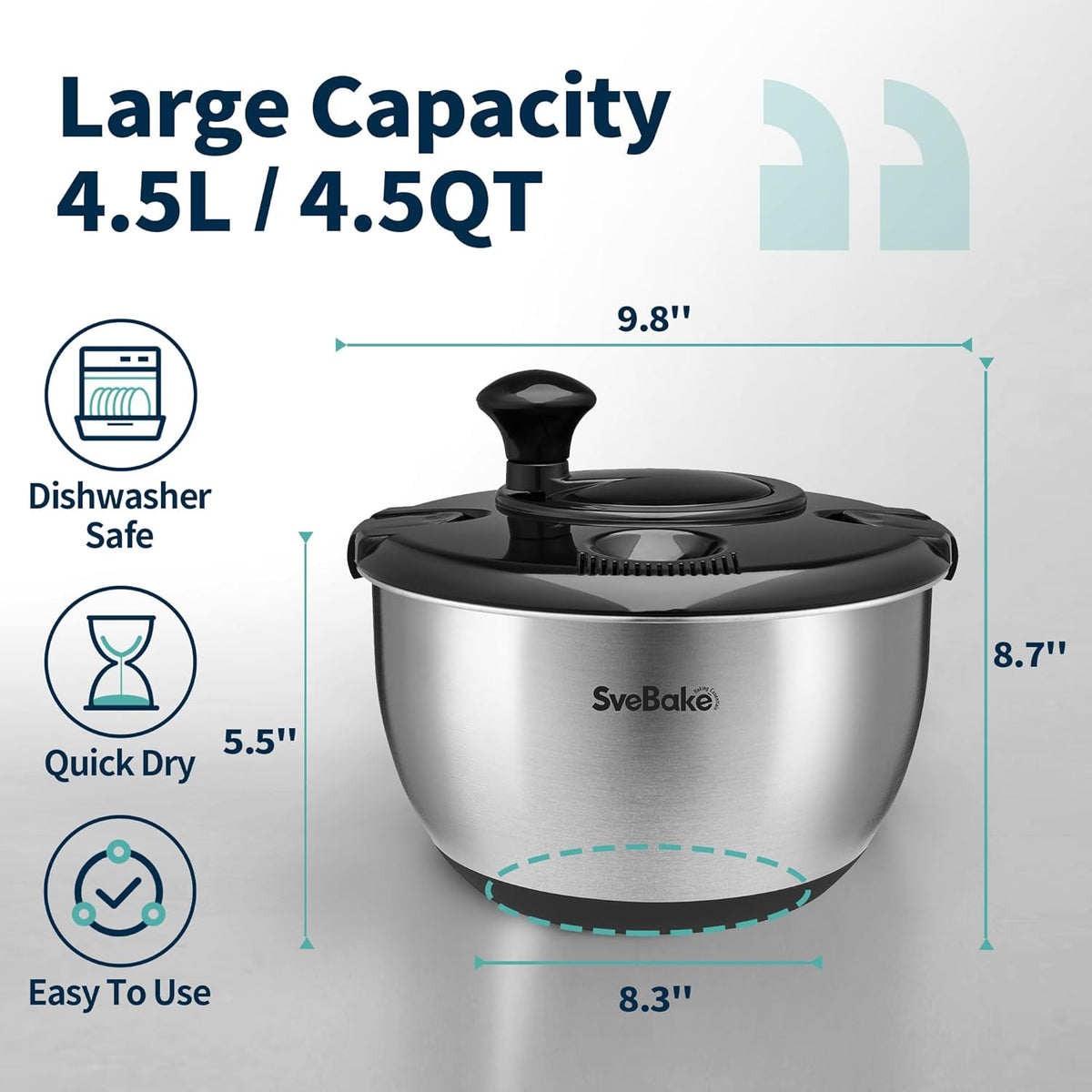 Stainless Steel Salad Spinner, 4.8 Qt Vegetable Fruit Washer, BPA-Free Lettuce Dryer with Crank Design, Easy Clean, Non-Slip Base - Transparent Lid