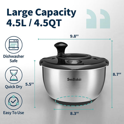 Stainless Steel Salad Spinner, 4.8 Qt Vegetable Fruit Washer, BPA-Free Lettuce Dryer with Crank Design, Easy Clean, Non-Slip Base - Transparent Lid