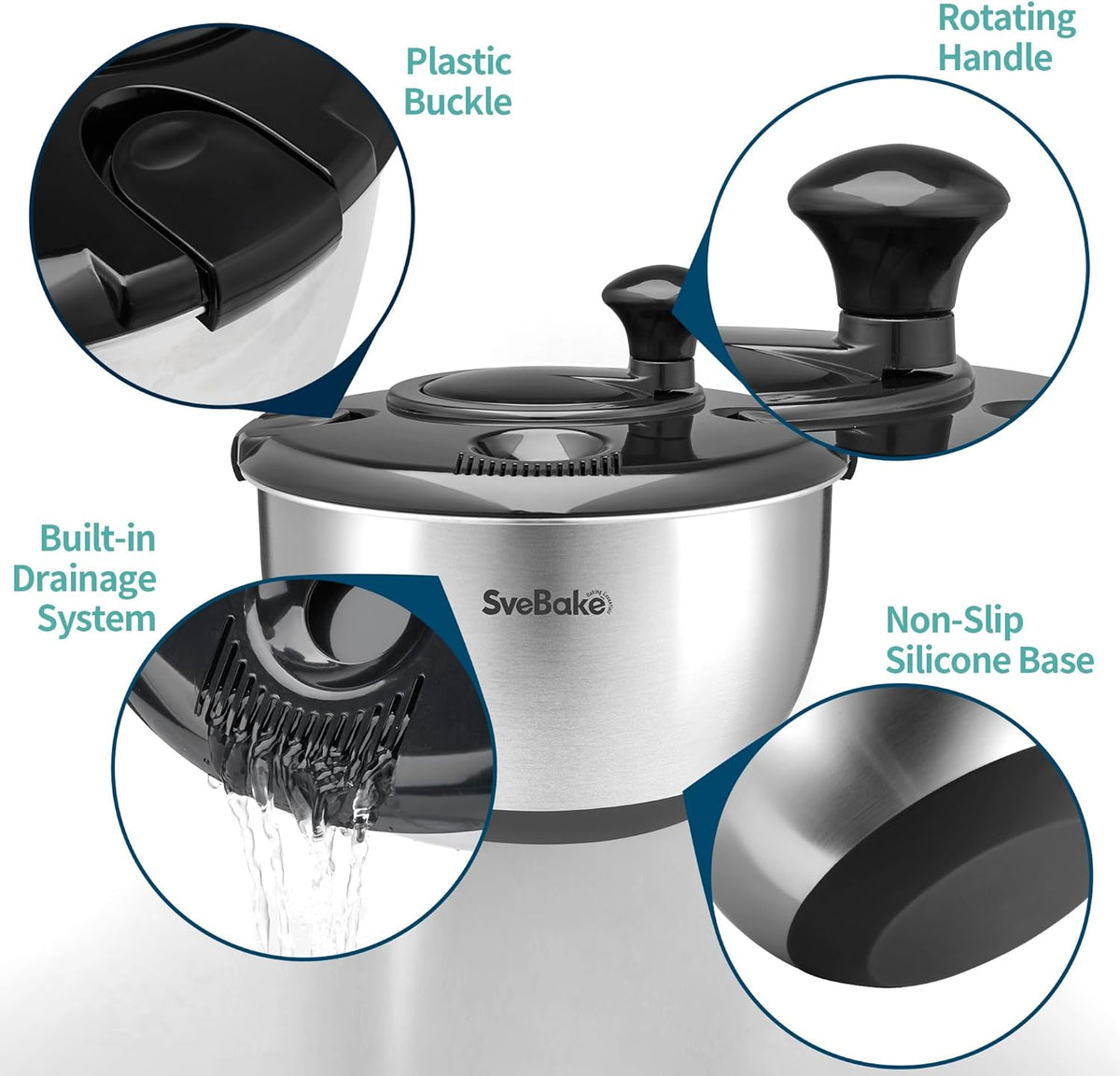 Stainless Steel Salad Spinner, 4.8 Qt Vegetable Fruit Washer, BPA-Free Lettuce Dryer with Crank Design, Easy Clean, Non-Slip Base - Transparent Lid