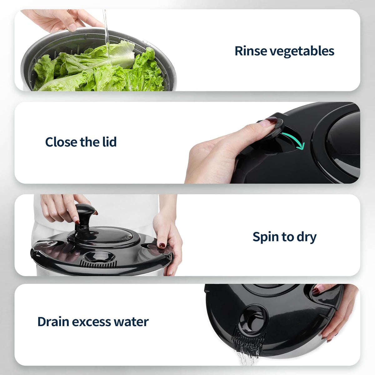 Stainless Steel Salad Spinner, 4.8 Qt Vegetable Fruit Washer, BPA-Free Lettuce Dryer with Crank Design, Easy Clean, Non-Slip Base - Transparent Lid