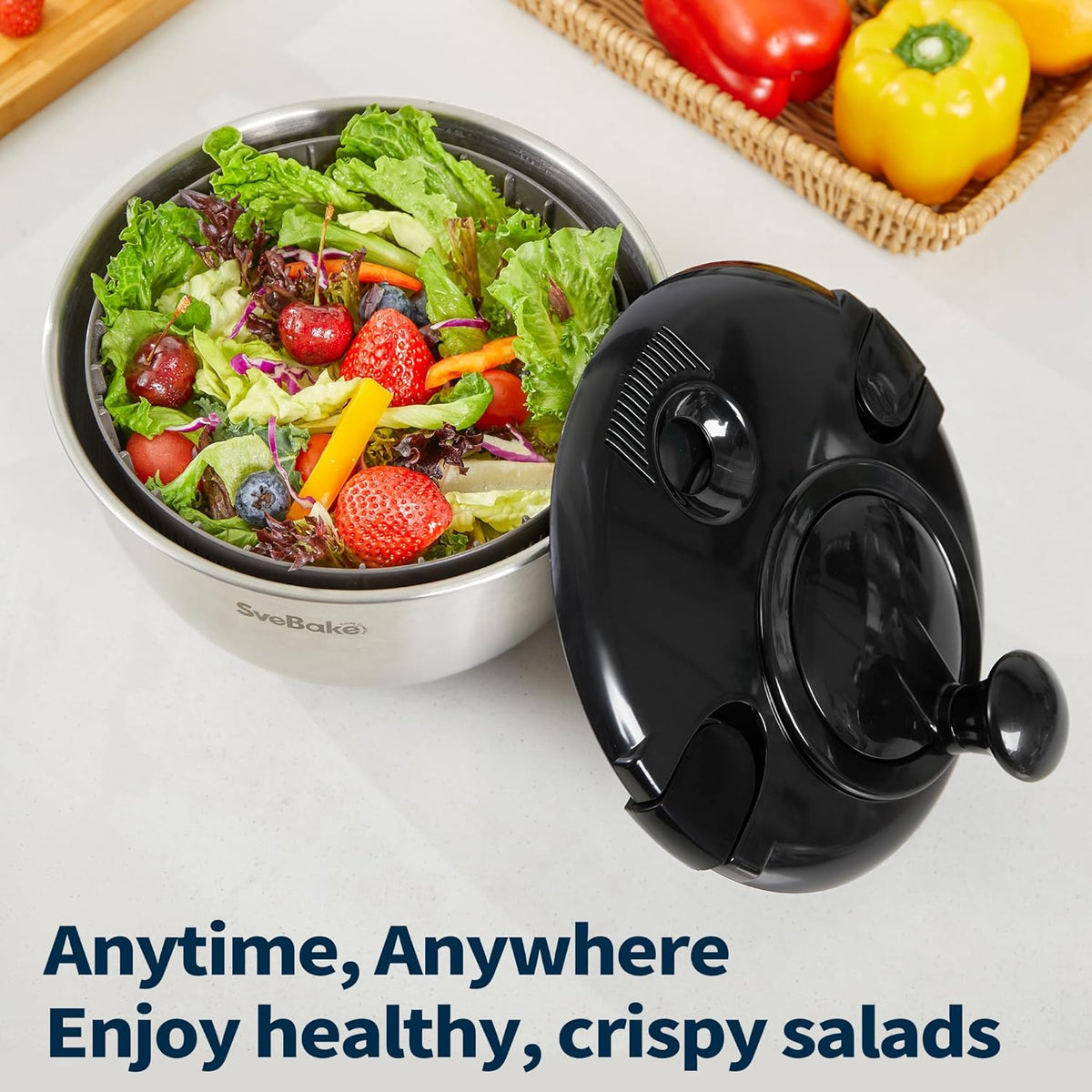 Stainless Steel Salad Spinner, 4.8 Qt Vegetable Fruit Washer, BPA-Free Lettuce Dryer with Crank Design, Easy Clean, Non-Slip Base - Transparent Lid