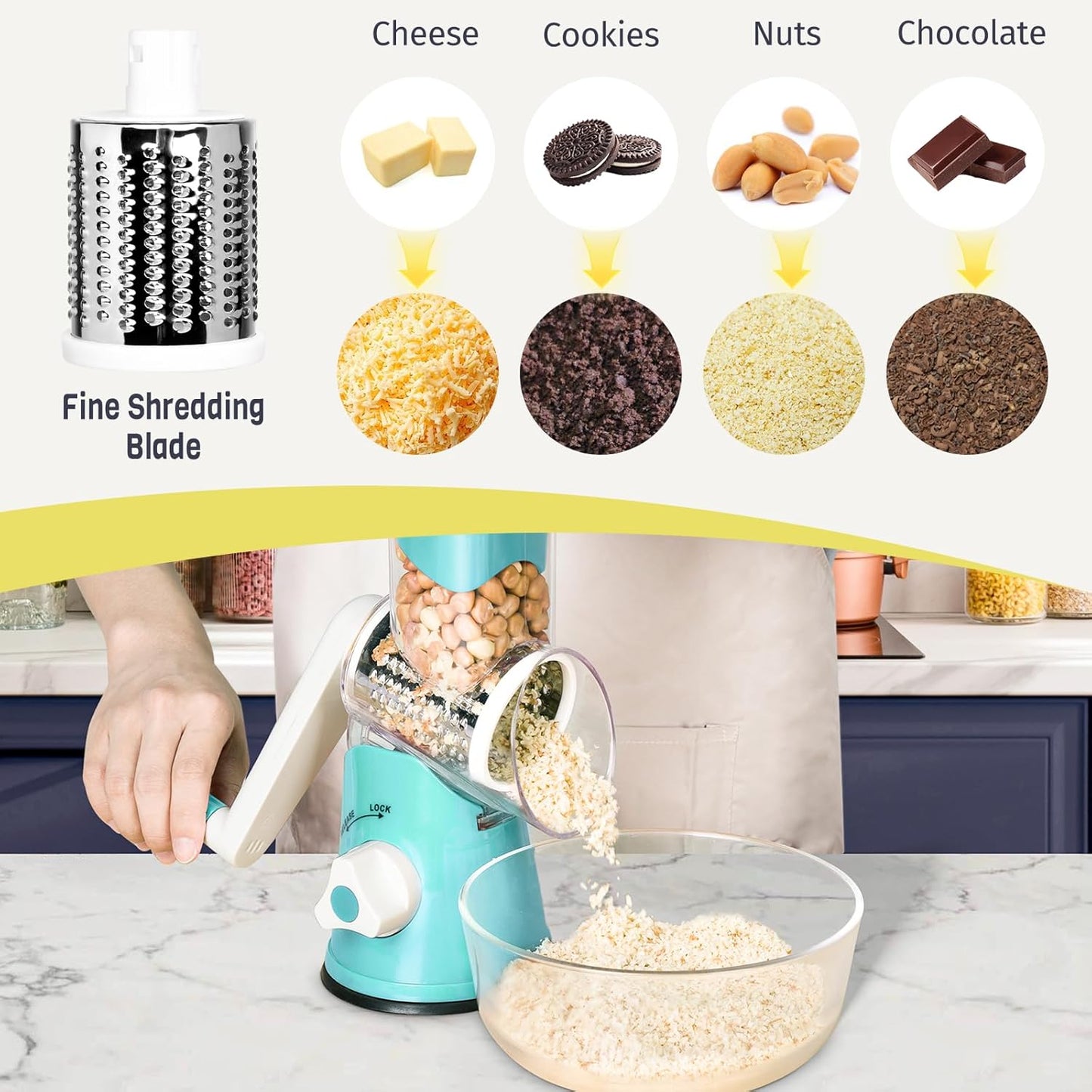 Rotary Cheese Grater for Kitchen, Shredder with 3 Interchangeable Blades, Rotary Grater with Handle and Strong Suction Base, for Vegetables, Fruit, Nuts, Easy to Use and Clean, Blue