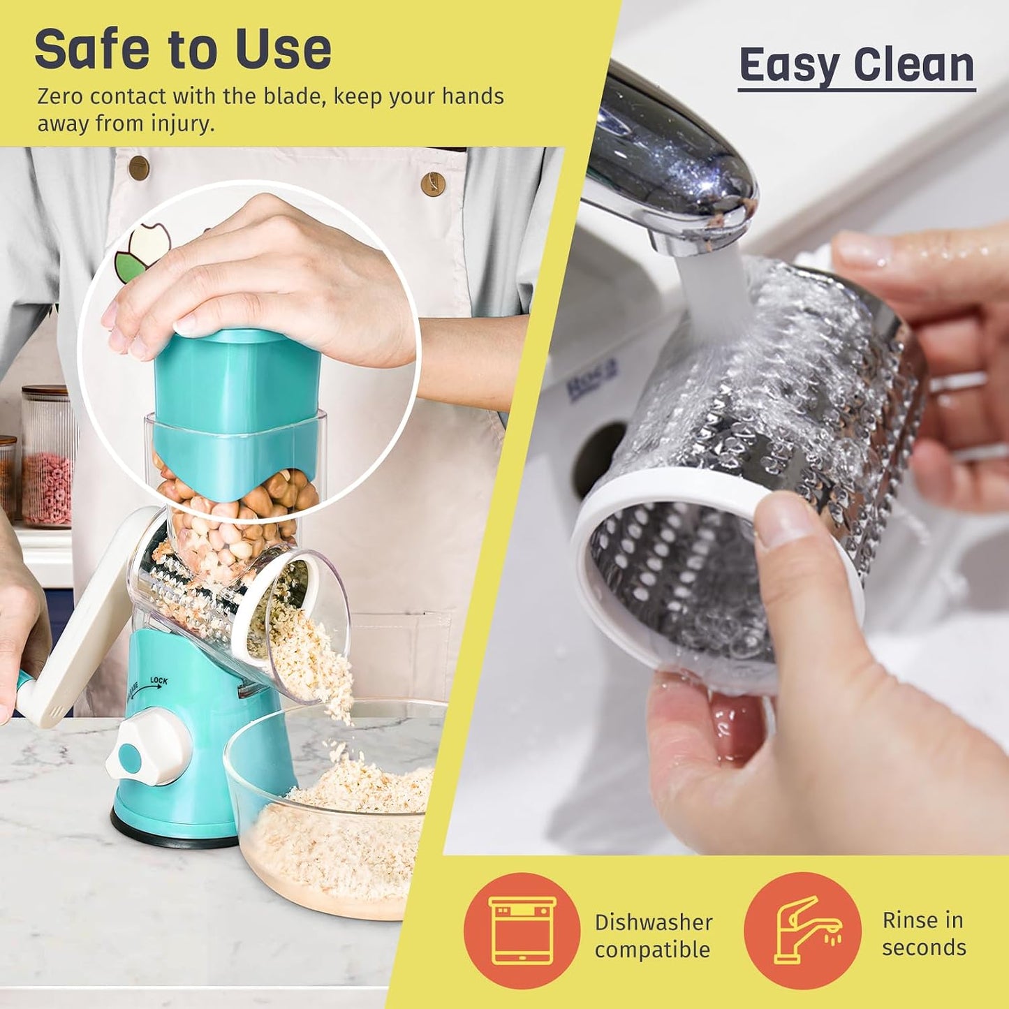 Rotary Cheese Grater for Kitchen, Shredder with 3 Interchangeable Blades, Rotary Grater with Handle and Strong Suction Base, for Vegetables, Fruit, Nuts, Easy to Use and Clean, Blue