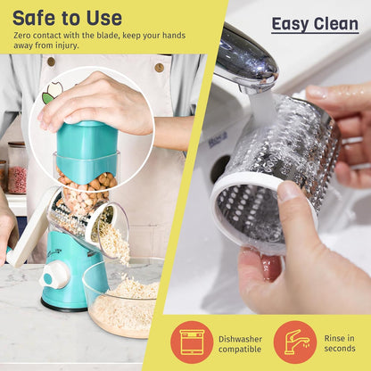 Rotary Cheese Grater for Kitchen, Shredder with 3 Interchangeable Blades, Rotary Grater with Handle and Strong Suction Base, for Vegetables, Fruit, Nuts, Easy to Use and Clean, Blue