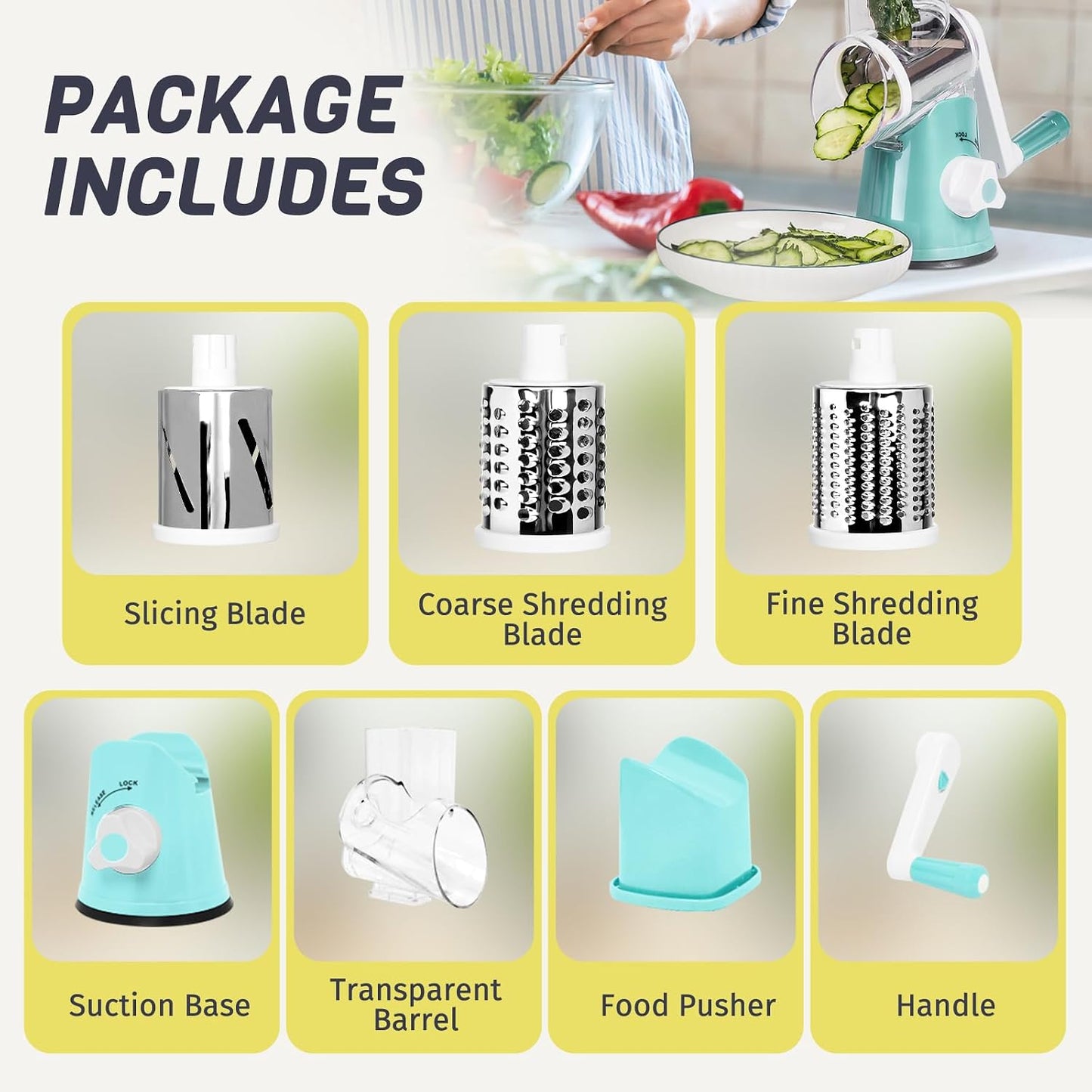Rotary Cheese Grater for Kitchen, Shredder with 3 Interchangeable Blades, Rotary Grater with Handle and Strong Suction Base, for Vegetables, Fruit, Nuts, Easy to Use and Clean, Blue