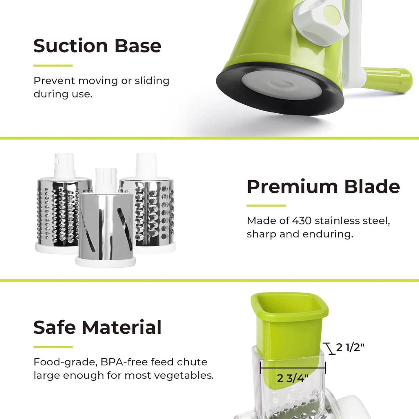 Rotary Cheese Grater for Kitchen, Shredder with 3 Interchangeable Blades, Rotary Grater with Handle and Strong Suction Base, for Vegetables, Fruit, Nuts, Easy to Use and Clean, Blue