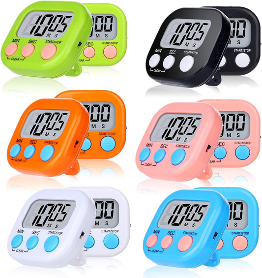 Digital Kitchen Timer 12 Packs Magnetic Classroom Stopwatch Timer 6 Colors Small Digital Countdown Timers for Cooking Mini Loud Alarm Stop for Kitchen Study Work Sports Games Office Clock