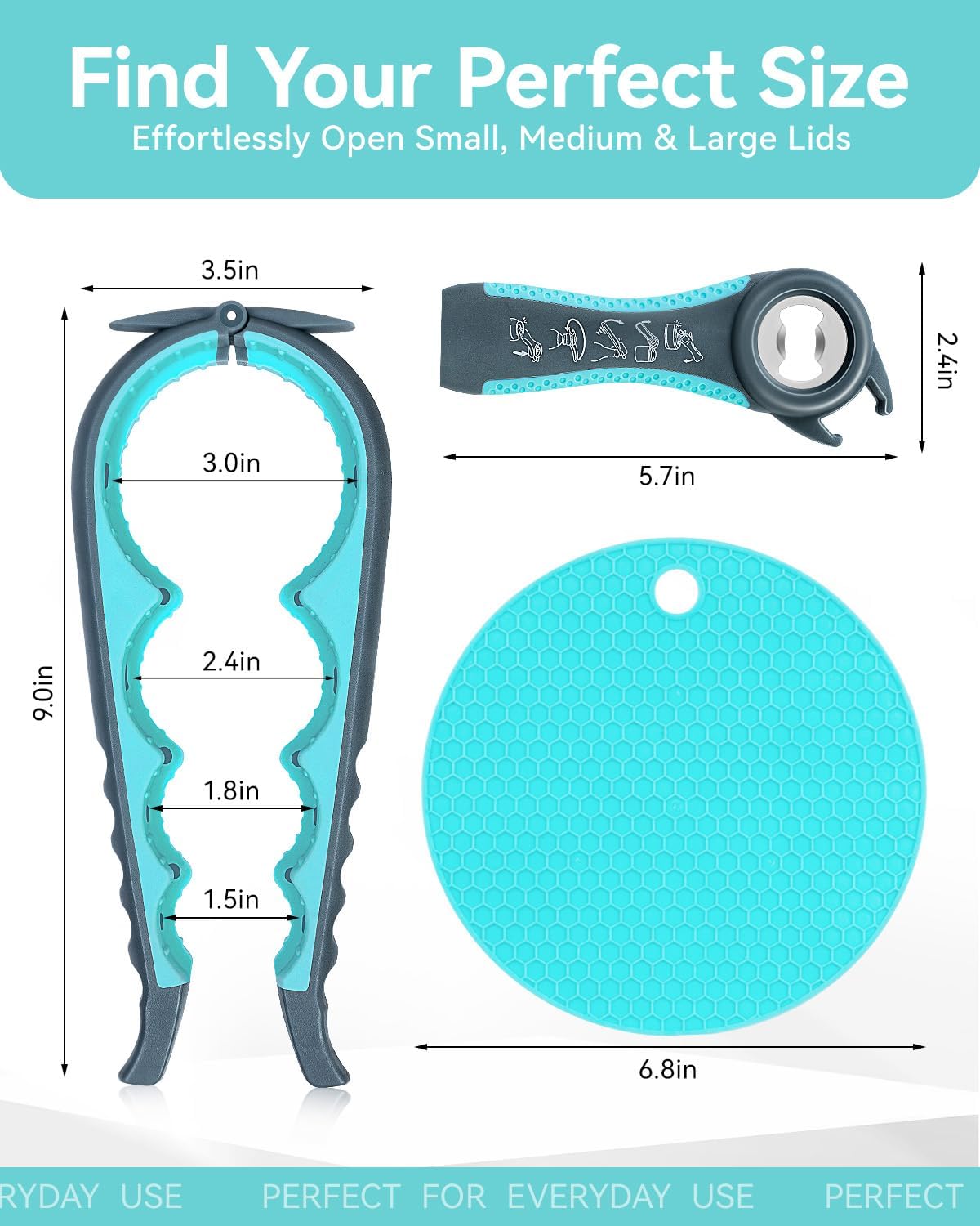 Jar Opener 3-Piece Set, Can and Bottle Opener for Weak Hands