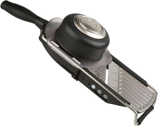Professional Slicer - Adjustable 3-in-1 Slicing & Julienne Tool with Stainless Steel Slicing Ramp, Integrated Blades, Safety Hand Guard and soft-grip handle.