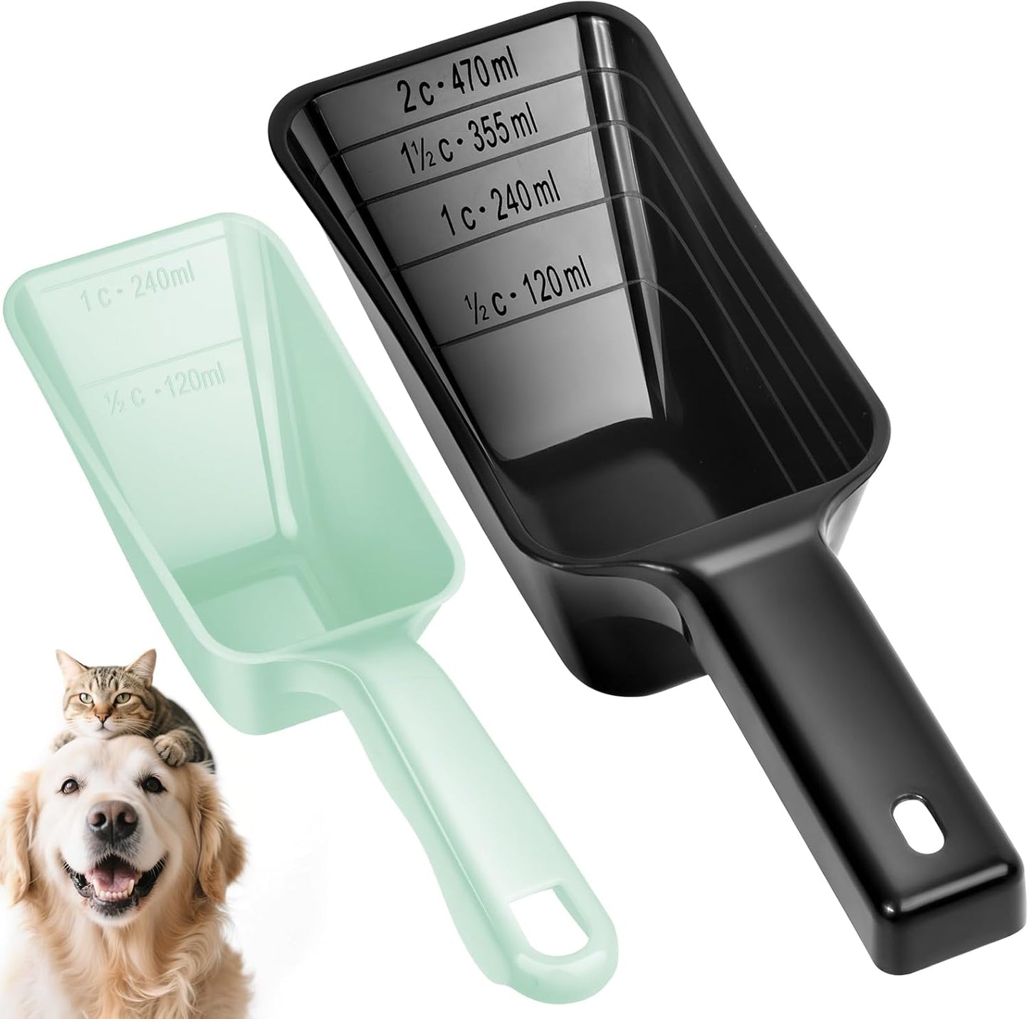 2 Pack Dog Food Scoop with 1 Cup and 2 Cup Capacity, Plastic Pet Food Measuring Scoops with Clear Measurement Lines for Dogs, Cats & More,Dishwasher safe (Grey and Black)