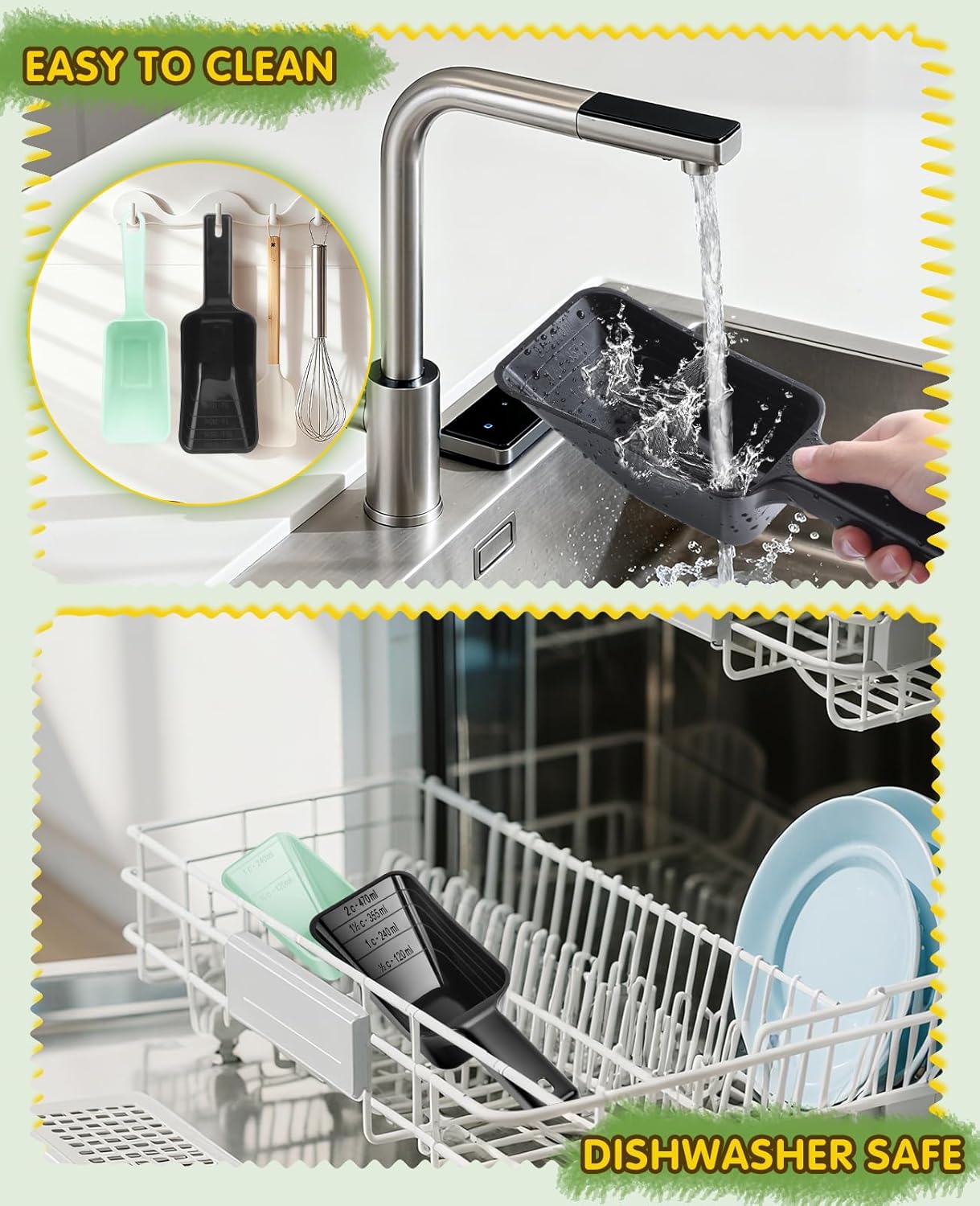2 Pack Dog Food Scoop with 1 Cup and 2 Cup Capacity, Plastic Pet Food Measuring Scoops with Clear Measurement Lines for Dogs, Cats & More,Dishwasher safe (Grey and Black)