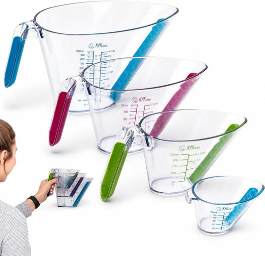 4-Piece Angled Liquid Measuring Cups Plastic Set - BPA-Free Mini Oz, 1, 2 and 4 Plastic Measuring Cup Sizes - Measuring Cups For Liquids with ML & Cups Measures - Small & Large Measure Cup