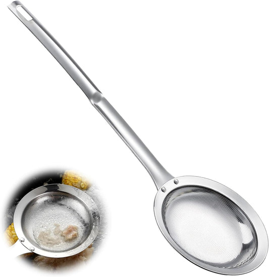 Skimmer Spoon Filter Grease Foam Fine Mesh Stainless Steel Sieve Colander, Extra Fine Strainer With Handle Handheld Fry Oil Filter for Cooking Sieve Spoon for Food Strainer Kitchen Gadget (Large)