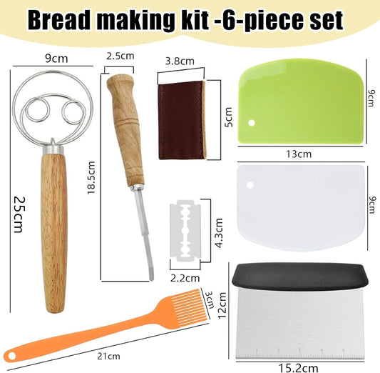 Danish Dough with Sourdough Scoring Tool-Bread Whisk Set of 6 Pieces-Dough Hook,Dutch Whisk,Bread Lame,Bench Scraper & Pastry Brush Bread Making Tools and Baking Supplies