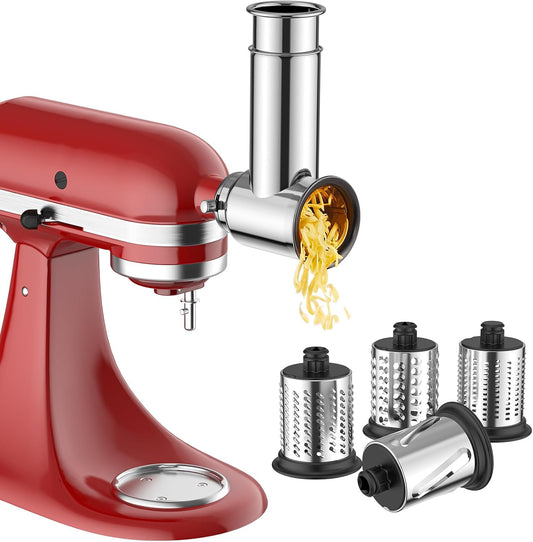 Stainless Steel Slicer Shredder Attachment for KitchenAid Mixer | Cheese Grater Attachment for KitchenAid Stand Mixer, Salad Maker, Grinding Powder, Dishwasher Safe with 4 Blades