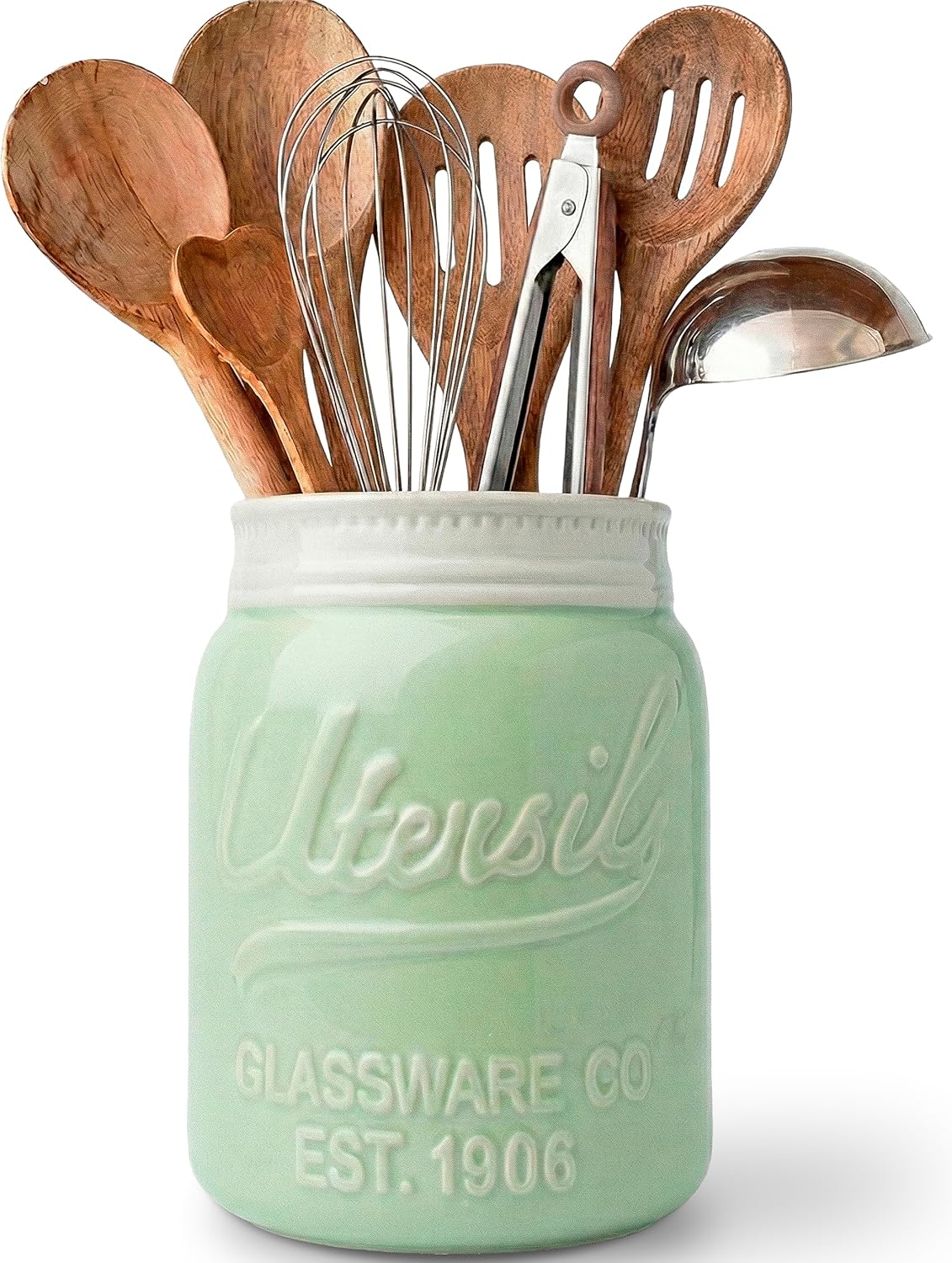 Green Mason Jar Utensil Holder – Wide Mouth Ceramic – Farmhouse | Green mason jar ceramic; 6.75"H x 5.5" base; fits 10+ utensils; DISHWASHER SUITABLE; farmhouse kitchen decor