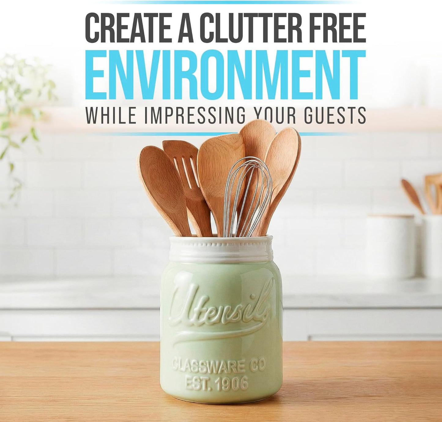 Green Mason Jar Utensil Holder – Wide Mouth Ceramic – Farmhouse | Green mason jar ceramic; 6.75"H x 5.5" base; fits 10+ utensils; DISHWASHER SUITABLE; farmhouse kitchen decor