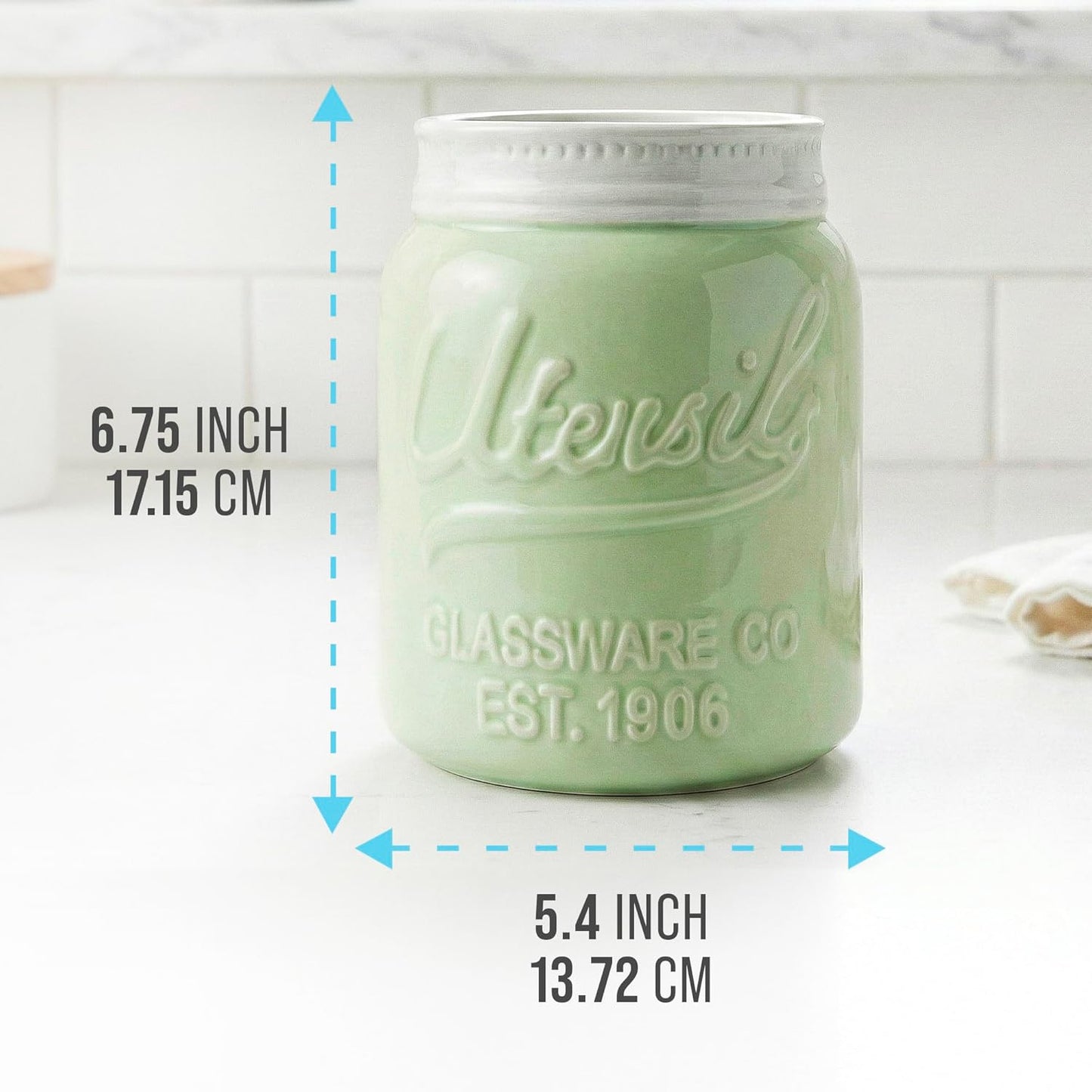 Green Mason Jar Utensil Holder – Wide Mouth Ceramic – Farmhouse | Green mason jar ceramic; 6.75"H x 5.5" base; fits 10+ utensils; DISHWASHER SUITABLE; farmhouse kitchen decor