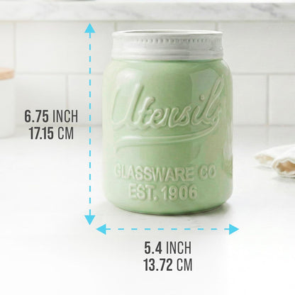 Green Mason Jar Utensil Holder – Wide Mouth Ceramic – Farmhouse | Green mason jar ceramic; 6.75"H x 5.5" base; fits 10+ utensils; DISHWASHER SUITABLE; farmhouse kitchen decor
