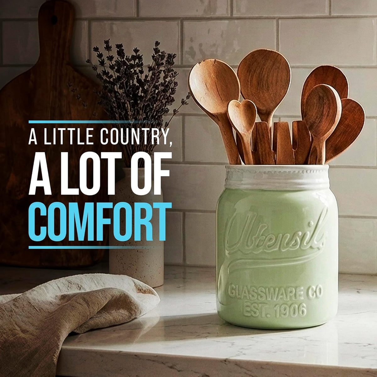 Green Mason Jar Utensil Holder – Wide Mouth Ceramic – Farmhouse | Green mason jar ceramic; 6.75"H x 5.5" base; fits 10+ utensils; DISHWASHER SUITABLE; farmhouse kitchen decor