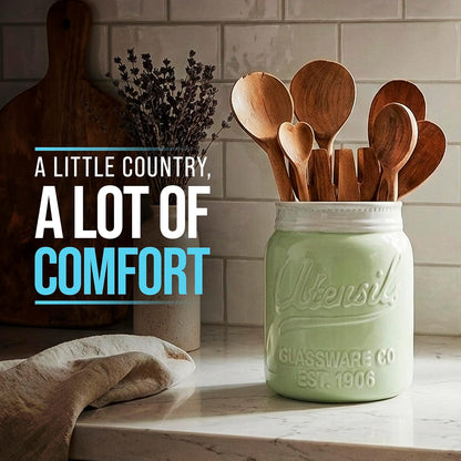 Green Mason Jar Utensil Holder – Wide Mouth Ceramic – Farmhouse | Green mason jar ceramic; 6.75"H x 5.5" base; fits 10+ utensils; DISHWASHER SUITABLE; farmhouse kitchen decor