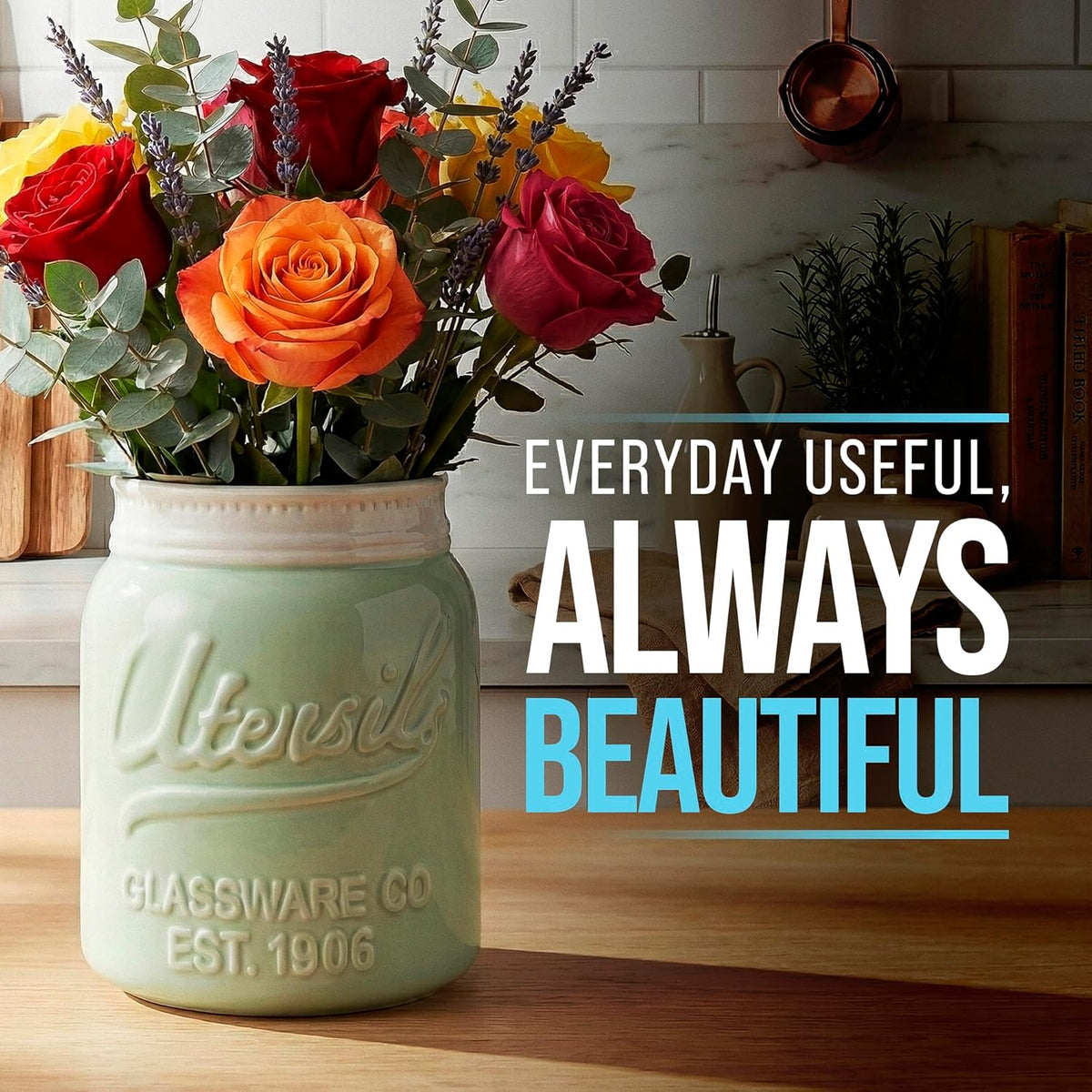 Green Mason Jar Utensil Holder – Wide Mouth Ceramic – Farmhouse | Green mason jar ceramic; 6.75"H x 5.5" base; fits 10+ utensils; DISHWASHER SUITABLE; farmhouse kitchen decor