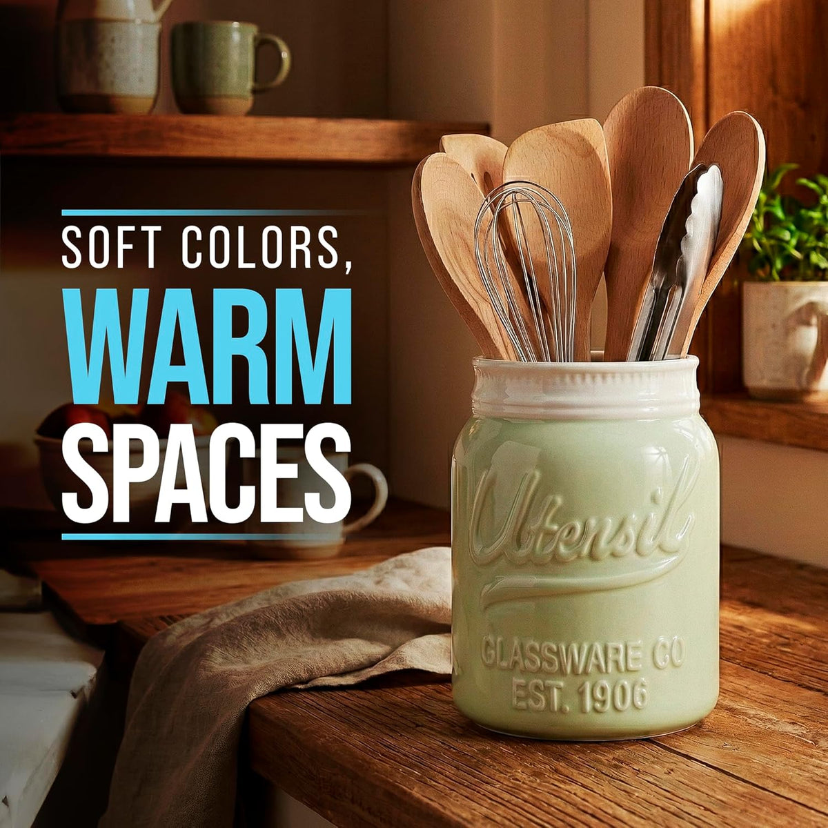Green Mason Jar Utensil Holder – Wide Mouth Ceramic – Farmhouse | Green mason jar ceramic; 6.75"H x 5.5" base; fits 10+ utensils; DISHWASHER SUITABLE; farmhouse kitchen decor
