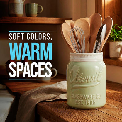 Green Mason Jar Utensil Holder – Wide Mouth Ceramic – Farmhouse | Green mason jar ceramic; 6.75"H x 5.5" base; fits 10+ utensils; DISHWASHER SUITABLE; farmhouse kitchen decor