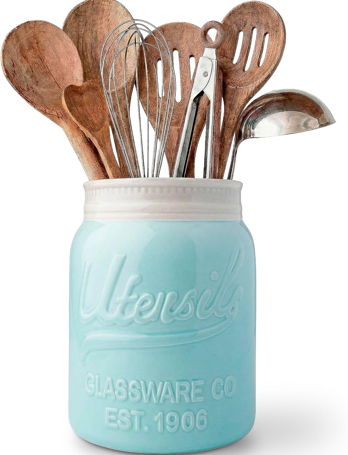 Green Mason Jar Utensil Holder – Wide Mouth Ceramic – Farmhouse | Green mason jar ceramic; 6.75"H x 5.5" base; fits 10+ utensils; DISHWASHER SUITABLE; farmhouse kitchen decor