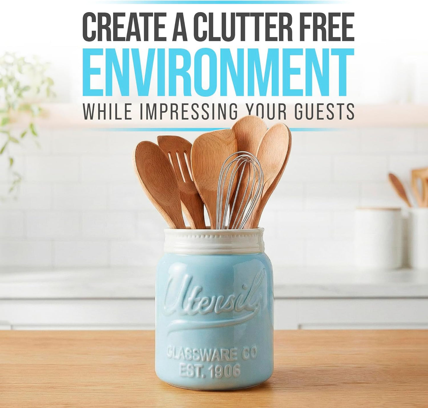 Green Mason Jar Utensil Holder – Wide Mouth Ceramic – Farmhouse | Green mason jar ceramic; 6.75"H x 5.5" base; fits 10+ utensils; DISHWASHER SUITABLE; farmhouse kitchen decor