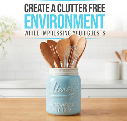 Green Mason Jar Utensil Holder – Wide Mouth Ceramic – Farmhouse | Green mason jar ceramic; 6.75"H x 5.5" base; fits 10+ utensils; DISHWASHER SUITABLE; farmhouse kitchen decor