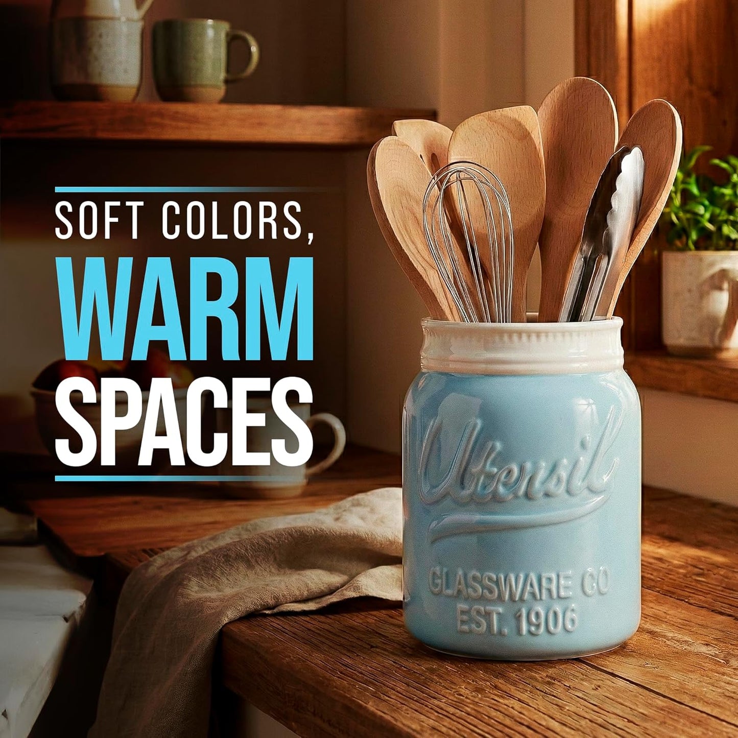 Green Mason Jar Utensil Holder – Wide Mouth Ceramic – Farmhouse | Green mason jar ceramic; 6.75"H x 5.5" base; fits 10+ utensils; DISHWASHER SUITABLE; farmhouse kitchen decor
