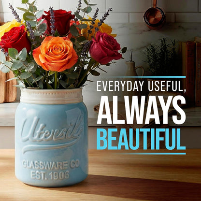 Green Mason Jar Utensil Holder – Wide Mouth Ceramic – Farmhouse | Green mason jar ceramic; 6.75"H x 5.5" base; fits 10+ utensils; DISHWASHER SUITABLE; farmhouse kitchen decor