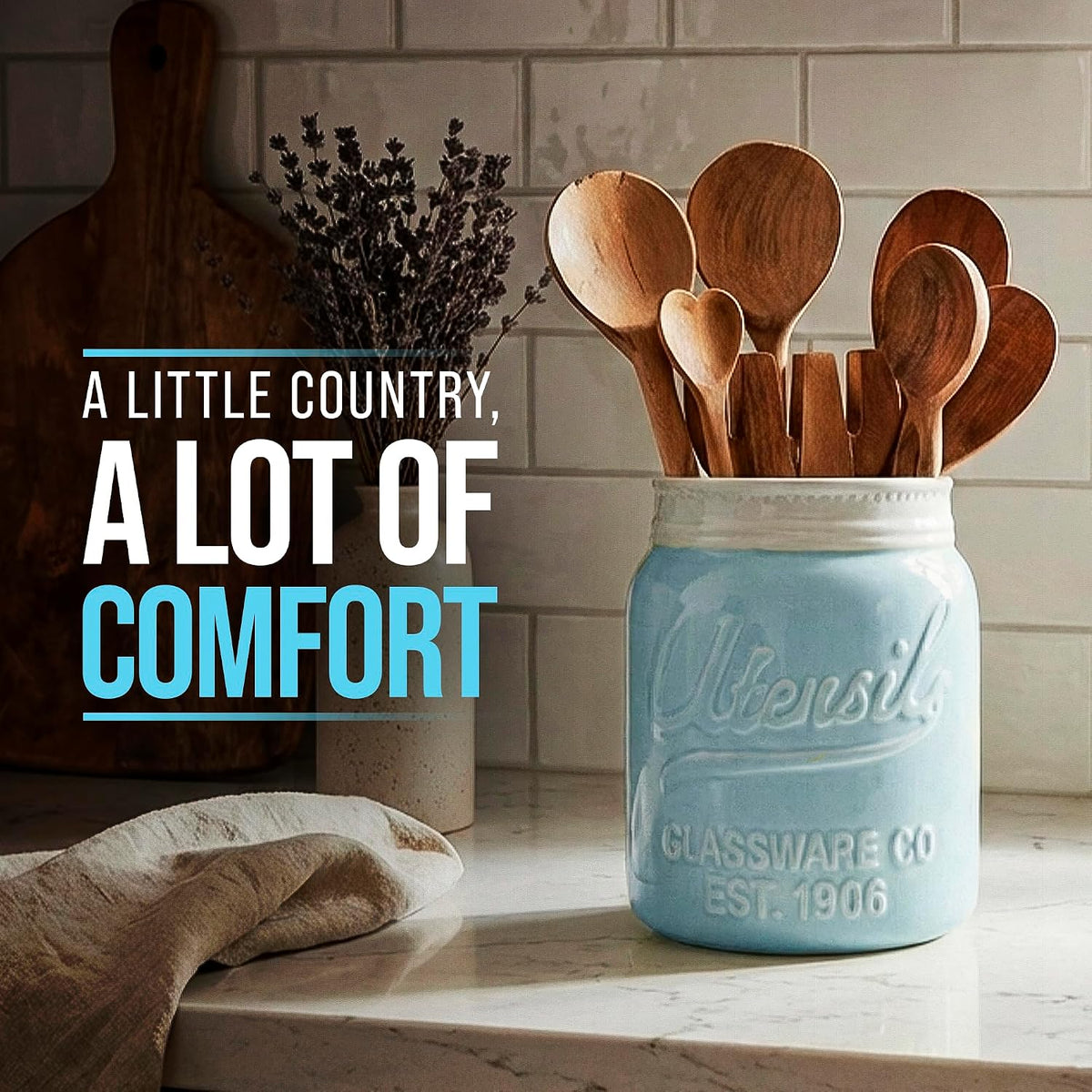 Green Mason Jar Utensil Holder – Wide Mouth Ceramic – Farmhouse | Green mason jar ceramic; 6.75"H x 5.5" base; fits 10+ utensils; DISHWASHER SUITABLE; farmhouse kitchen decor