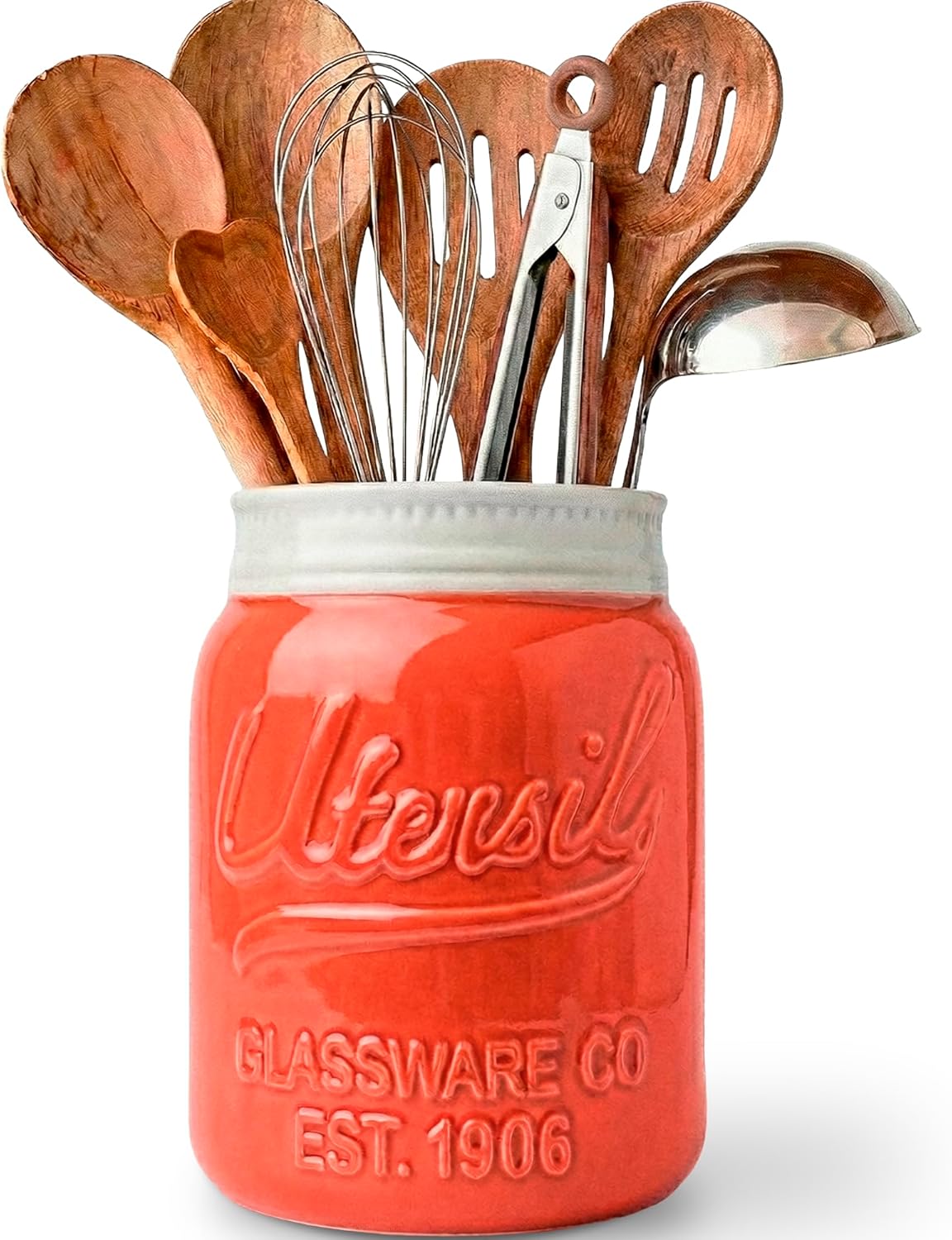 Green Mason Jar Utensil Holder – Wide Mouth Ceramic – Farmhouse | Green mason jar ceramic; 6.75"H x 5.5" base; fits 10+ utensils; DISHWASHER SUITABLE; farmhouse kitchen decor