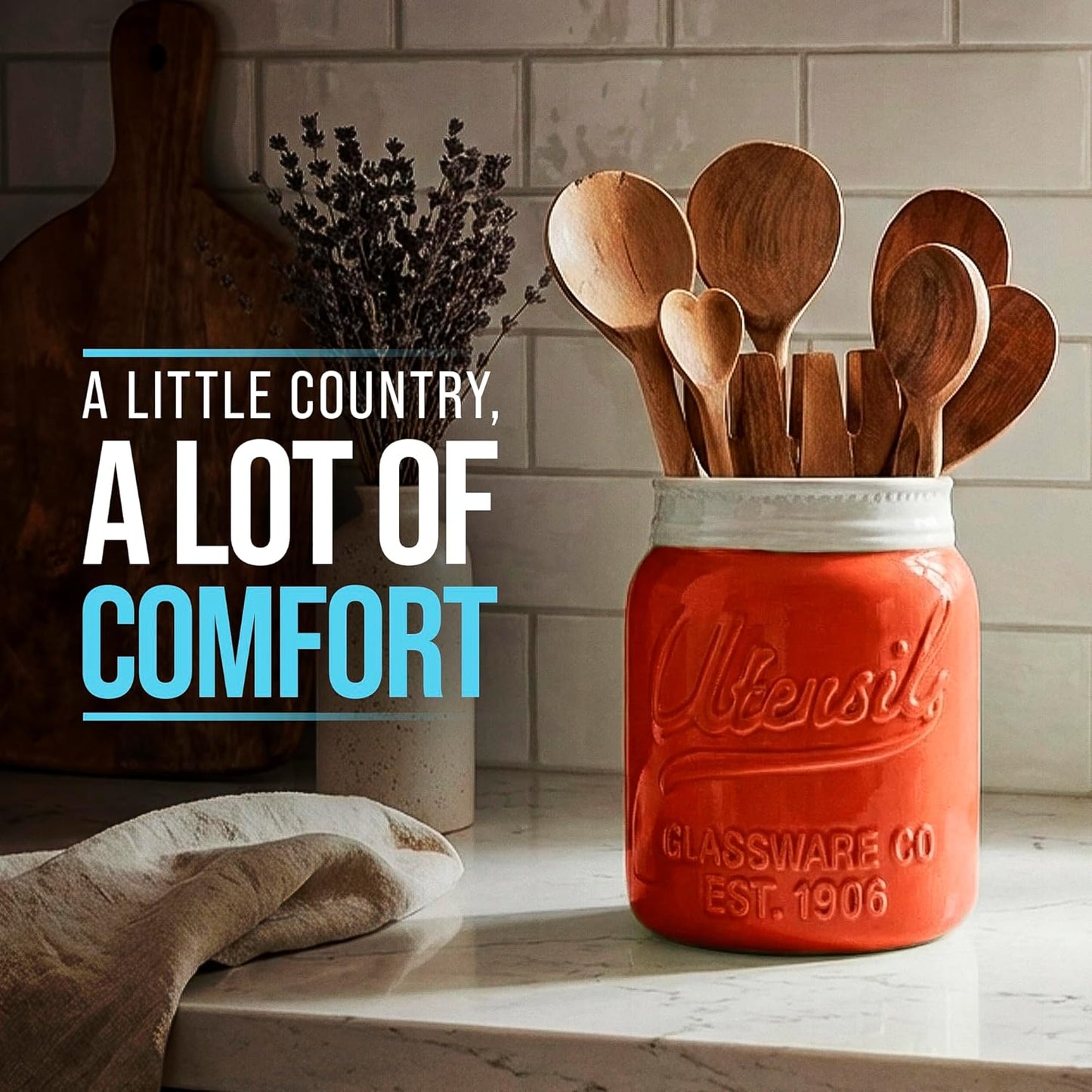 Green Mason Jar Utensil Holder – Wide Mouth Ceramic – Farmhouse | Green mason jar ceramic; 6.75"H x 5.5" base; fits 10+ utensils; DISHWASHER SUITABLE; farmhouse kitchen decor