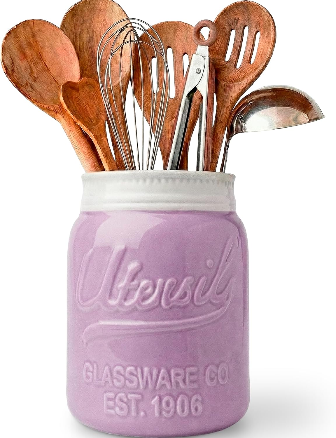 Green Mason Jar Utensil Holder – Wide Mouth Ceramic – Farmhouse | Green mason jar ceramic; 6.75"H x 5.5" base; fits 10+ utensils; DISHWASHER SUITABLE; farmhouse kitchen decor