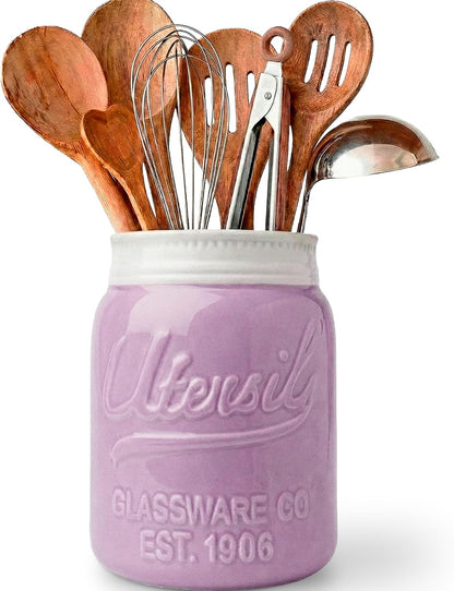 Green Mason Jar Utensil Holder – Wide Mouth Ceramic – Farmhouse | Green mason jar ceramic; 6.75"H x 5.5" base; fits 10+ utensils; DISHWASHER SUITABLE; farmhouse kitchen decor